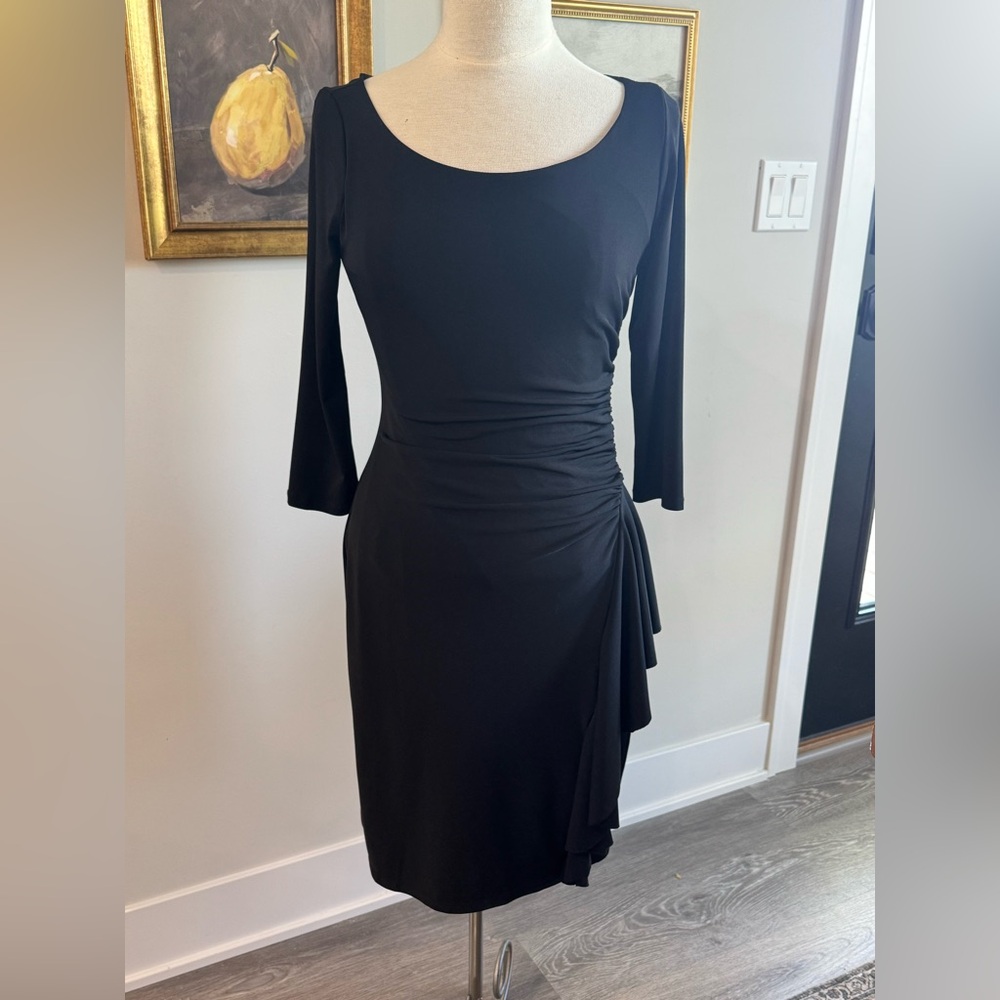 White House Black Market Elegant Black Dress Ruched Ruffle Size 6